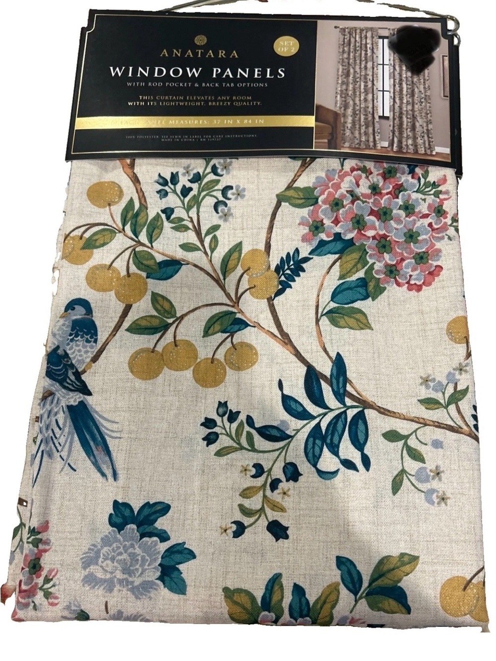 Anatara 2 pc Window Panel Curtains Floral & Birds 37" x 84" lg